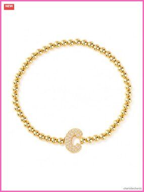 Gold Beaded Initial Bracelet for Women Stretch Gold Plated